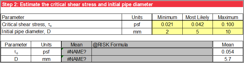 Step 2 of Cylindrical Pipe worksheet: Probabilistic analysis without using @RISK.
